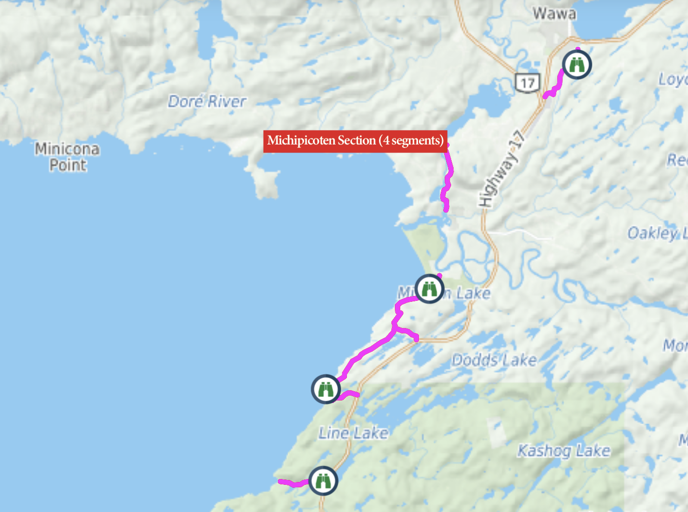 a map of the Michipicoten Section of the Voyageur's Trail